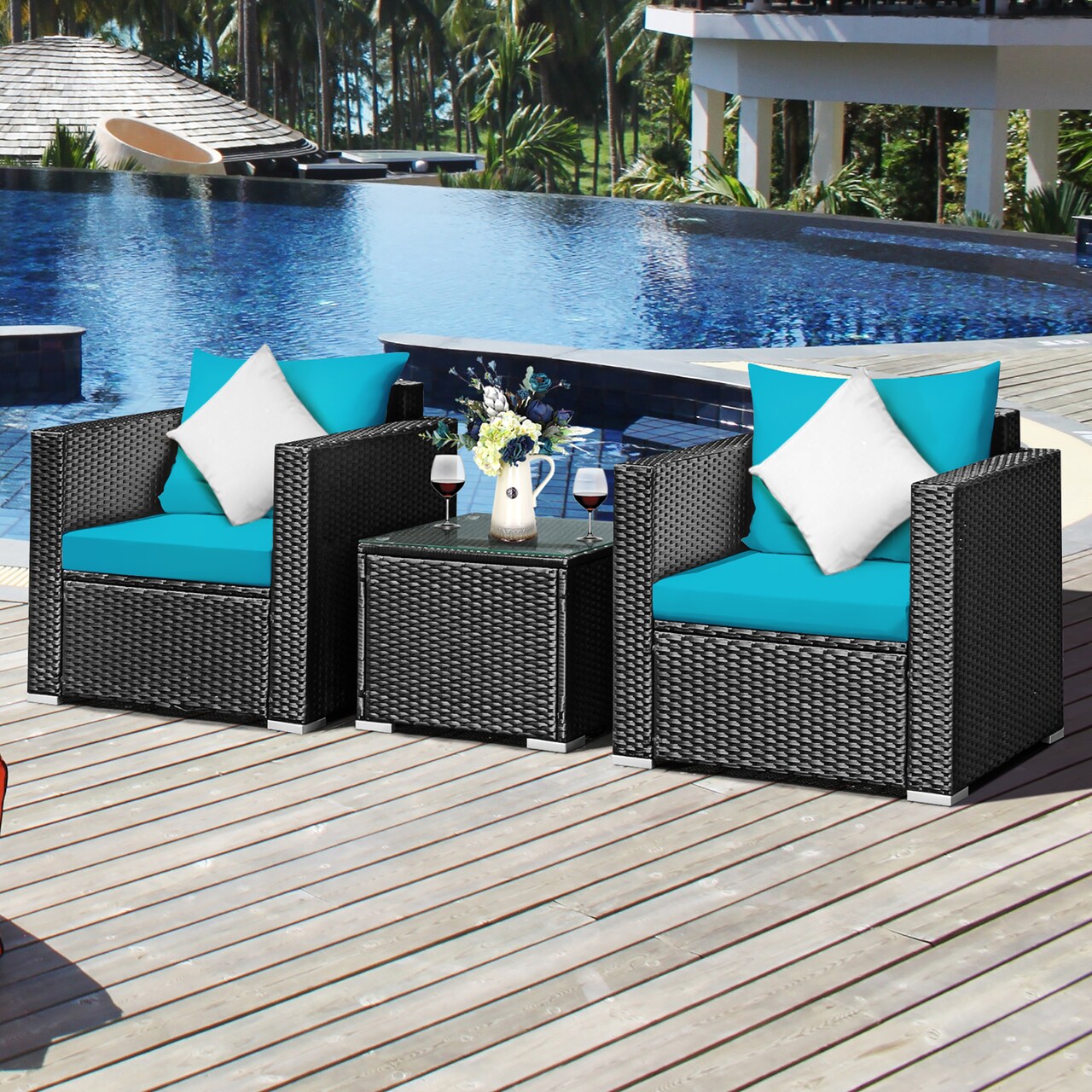 Costway 3PCS Patio Rattan Wicker Furniture Set Sofa Table W/Cushion Yard Red\Turquoise\ Navy\Black